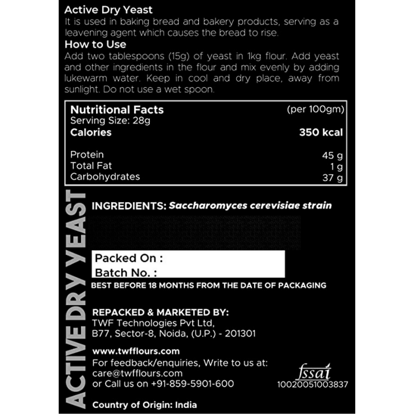 TWF Active Dry Yeast (Chemical Free) TWF Flours